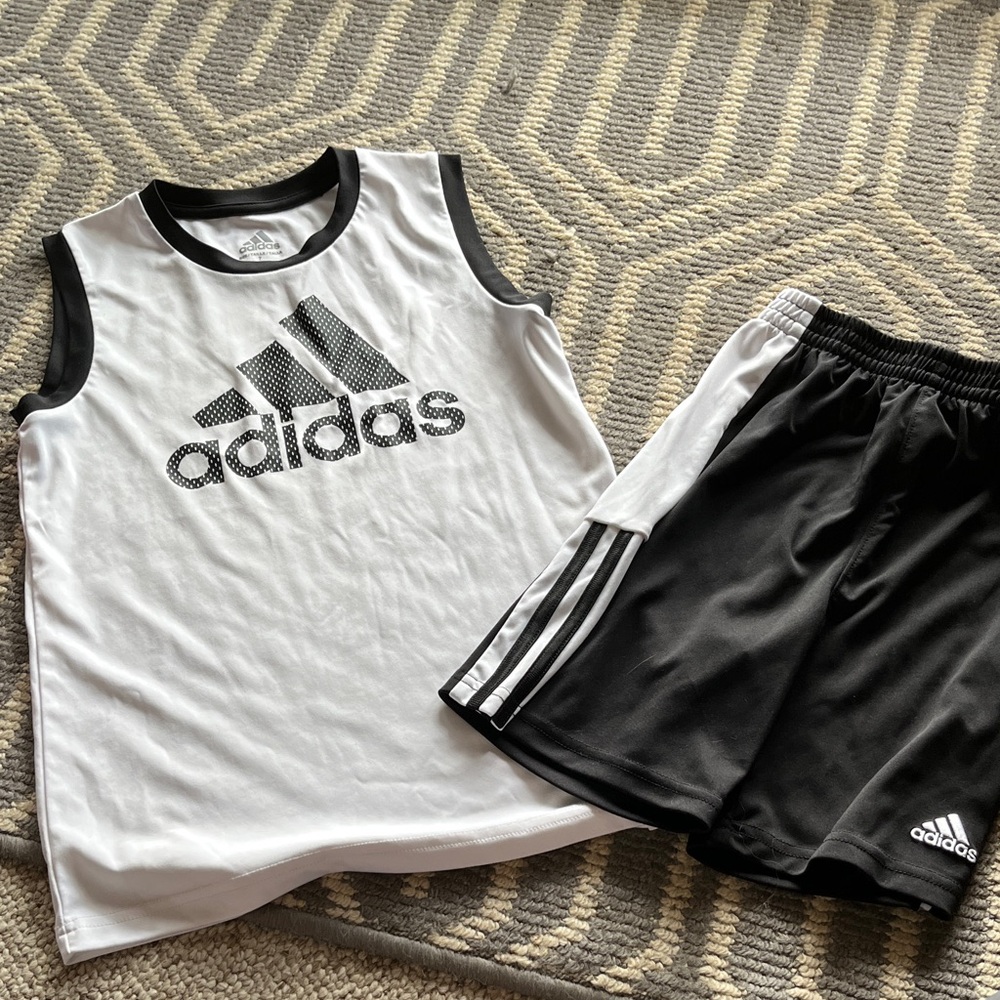 adidas White & Black Sleeveless Logo Tank with Black Stripe Shorts